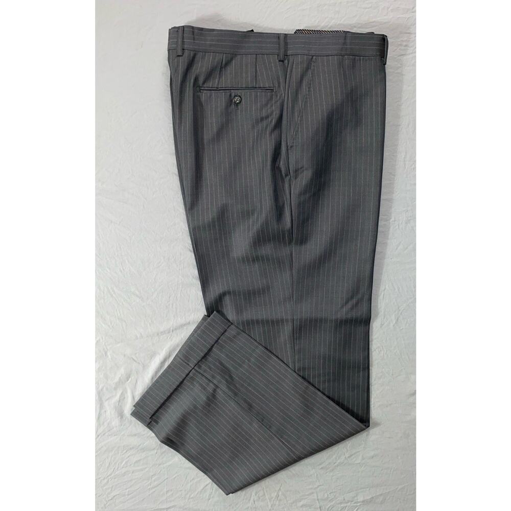 Jhane Barnes Flat Front Cuffed 100% Wool Dress Pants, Slacks. Gray Stripe, 38X32